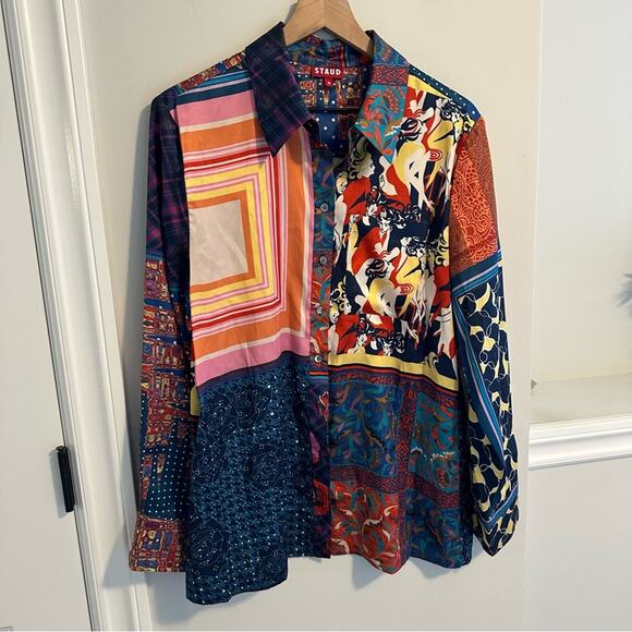 Staud Blue Red Artsy Patchwork Long Sleeve Button Front Top Blouse Medium - Picture 13 of 16